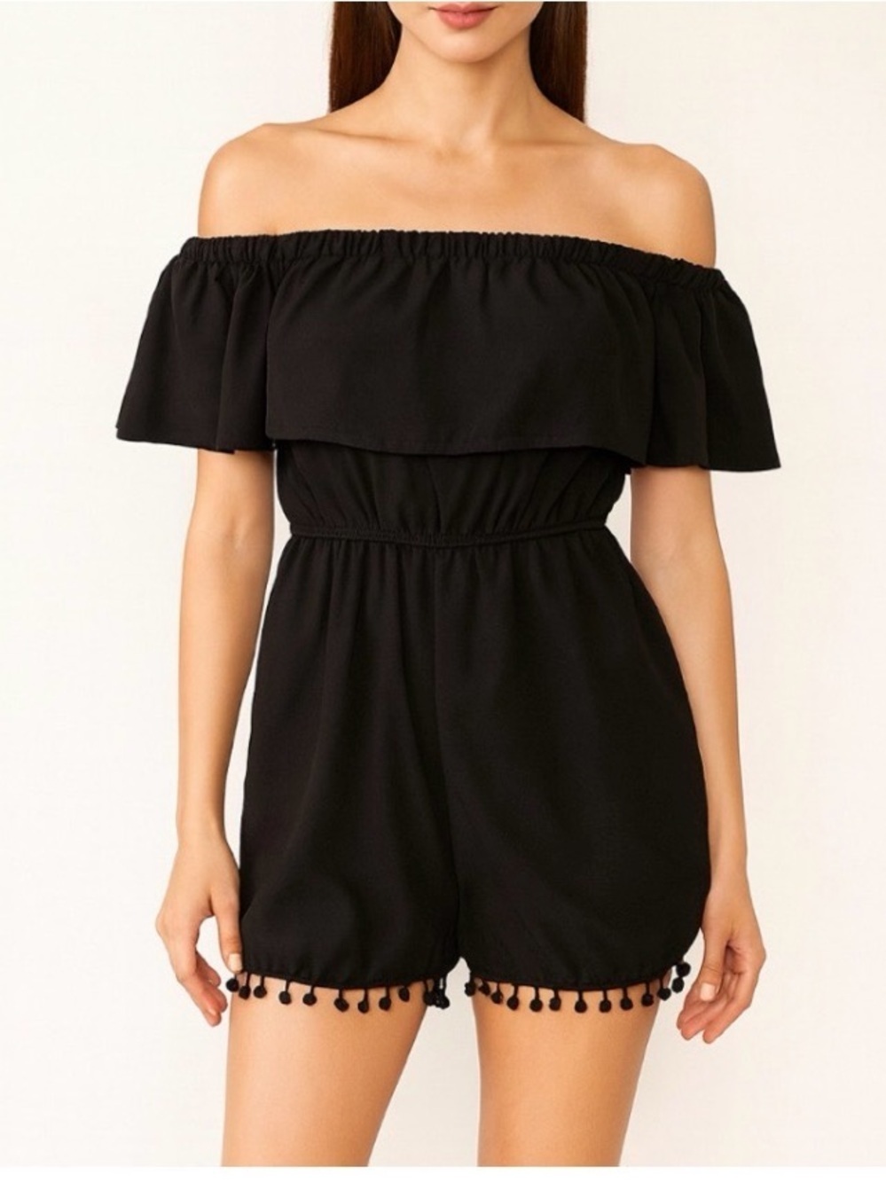 Off-Shoulder Black Romper with Pom Trim off shoulder lightweight BoHo SZ SM